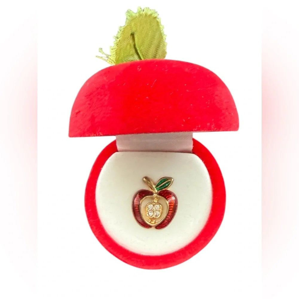 Vintage Red Apple velvet Jewelry Box with Gold and Red Apple lapel pin. - Picture 2 of 10